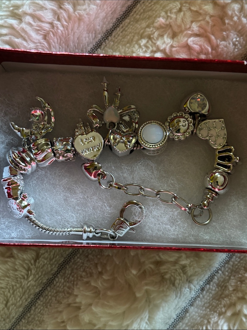 Pandora Silver Charm Bracelet with White Accents and Heart Charms